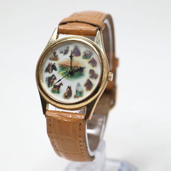 Vintage Ruane Manning Horse Watch Equestrian Gold Tone Faux Leather Band Quartz - Picture 4 of 11